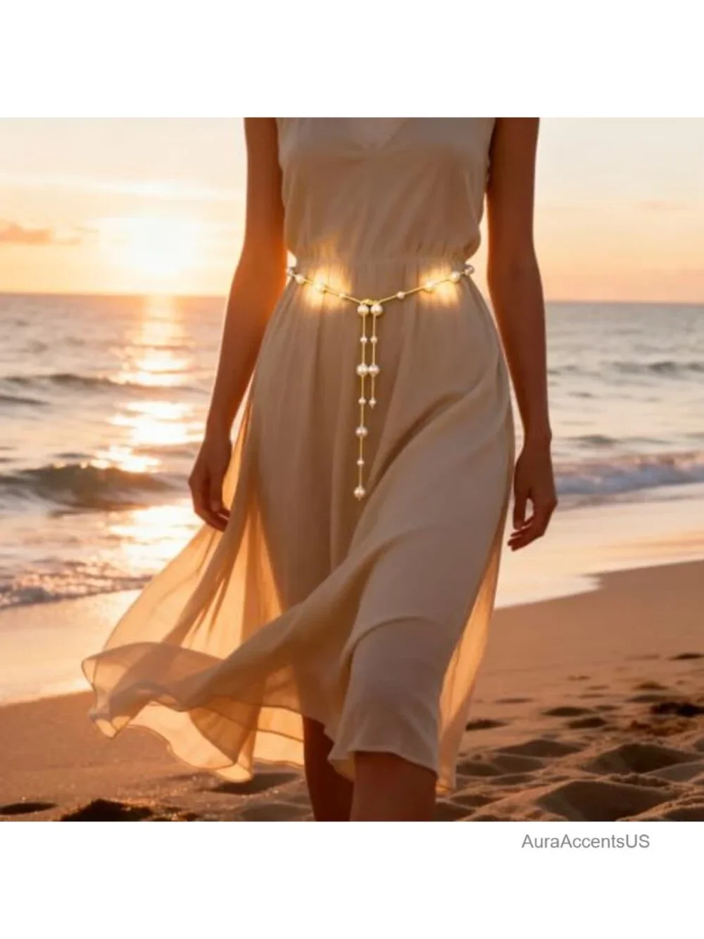 Elegant Pearl Waist Chain Belt Adjustable V-Shape Faux Pearls Dress Accessory